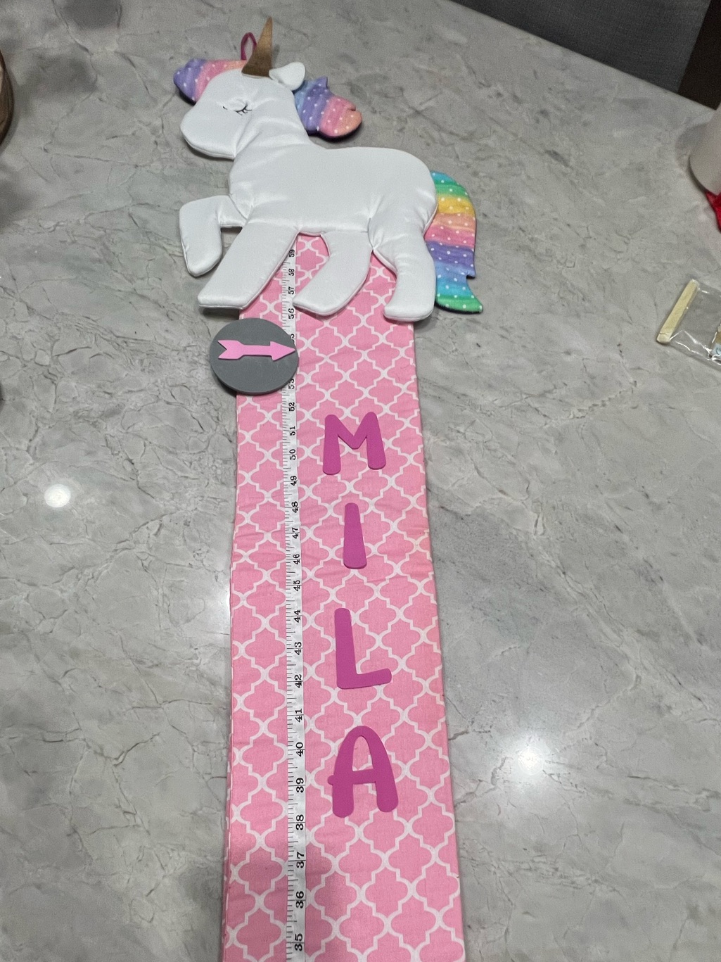 Pink Unicorn Kids Growth Chart W/Rainbow Tail & Hair Accessory Holder
